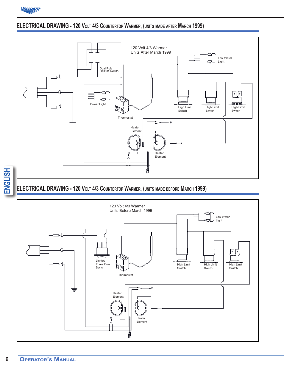 English, Electrical drawing - 120 v, 4/3 c | Vollrath Cayenne Model T43R Heat 'N Serve. 4/3 Rethermalizer User Manual | Page 6 / 12