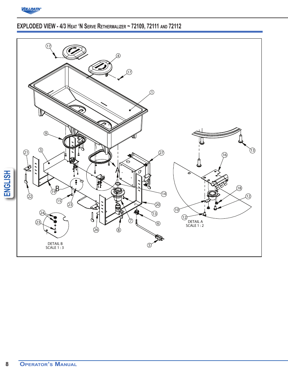 English, Exploded view - 4/3 h | Vollrath Cayenne Model T43R Heat 'N Serve. 4/3 Rethermalizer User Manual | Page 8 / 12