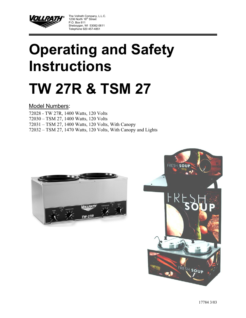 Vollrath Cayenne Model TW-27R Twin 7-Quart Rethermalizer User Manual | 10 pages