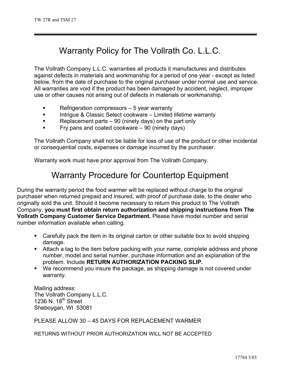 Warranty policy for the vollrath co. l.l.c, Warranty procedure for countertop equipment | Vollrath Cayenne Model TW-27R Twin 7-Quart Rethermalizer User Manual | Page 10 / 10