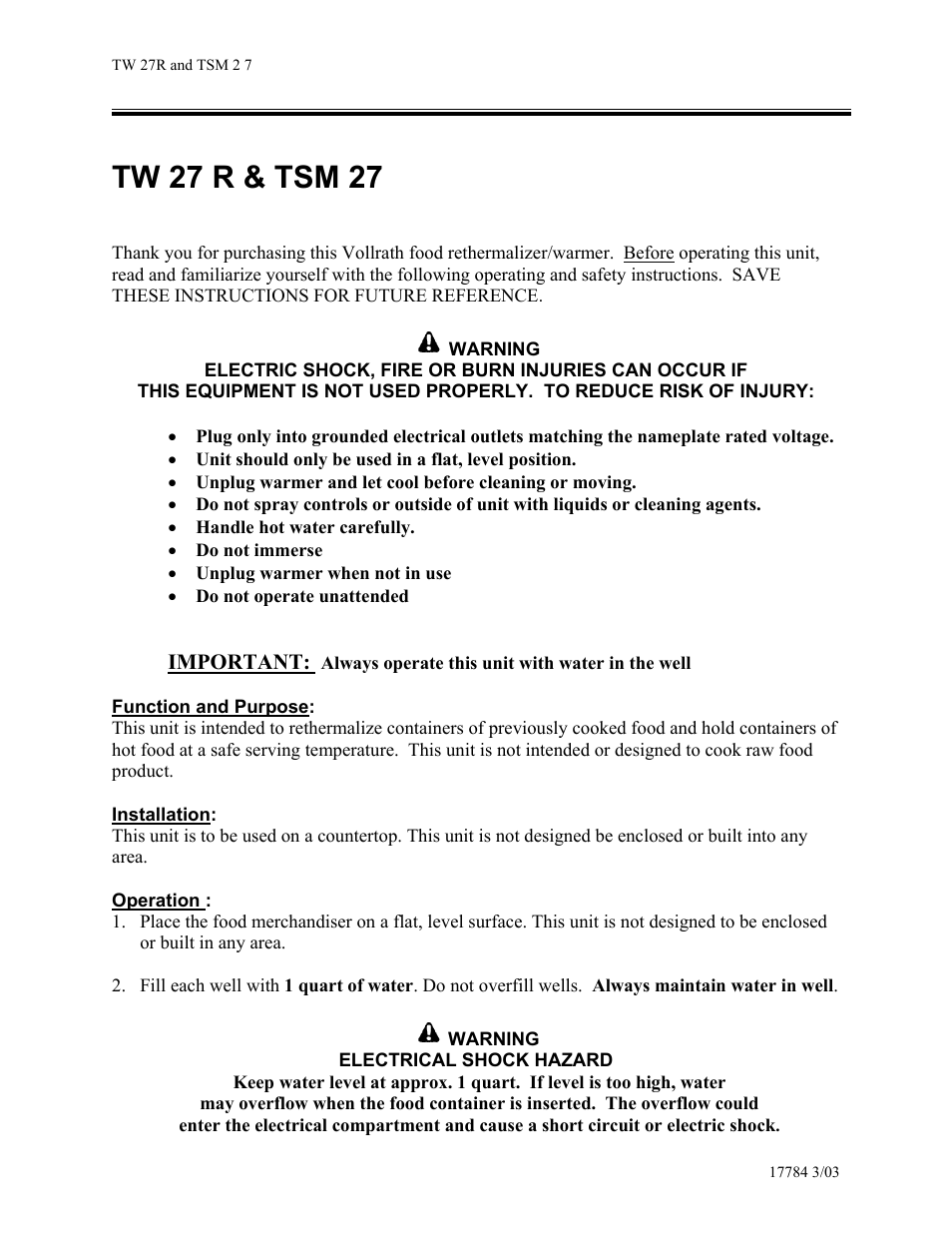 Tw 27 r & tsm 27 | Vollrath Cayenne Model TW-27R Twin 7-Quart Rethermalizer User Manual | Page 2 / 10