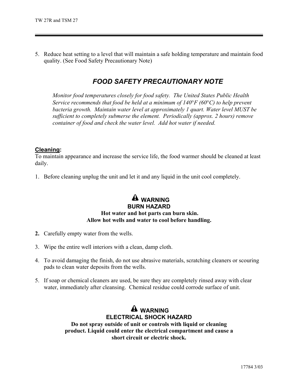 Food safety precautionary note | Vollrath Cayenne Model TW-27R Twin 7-Quart Rethermalizer User Manual | Page 4 / 10