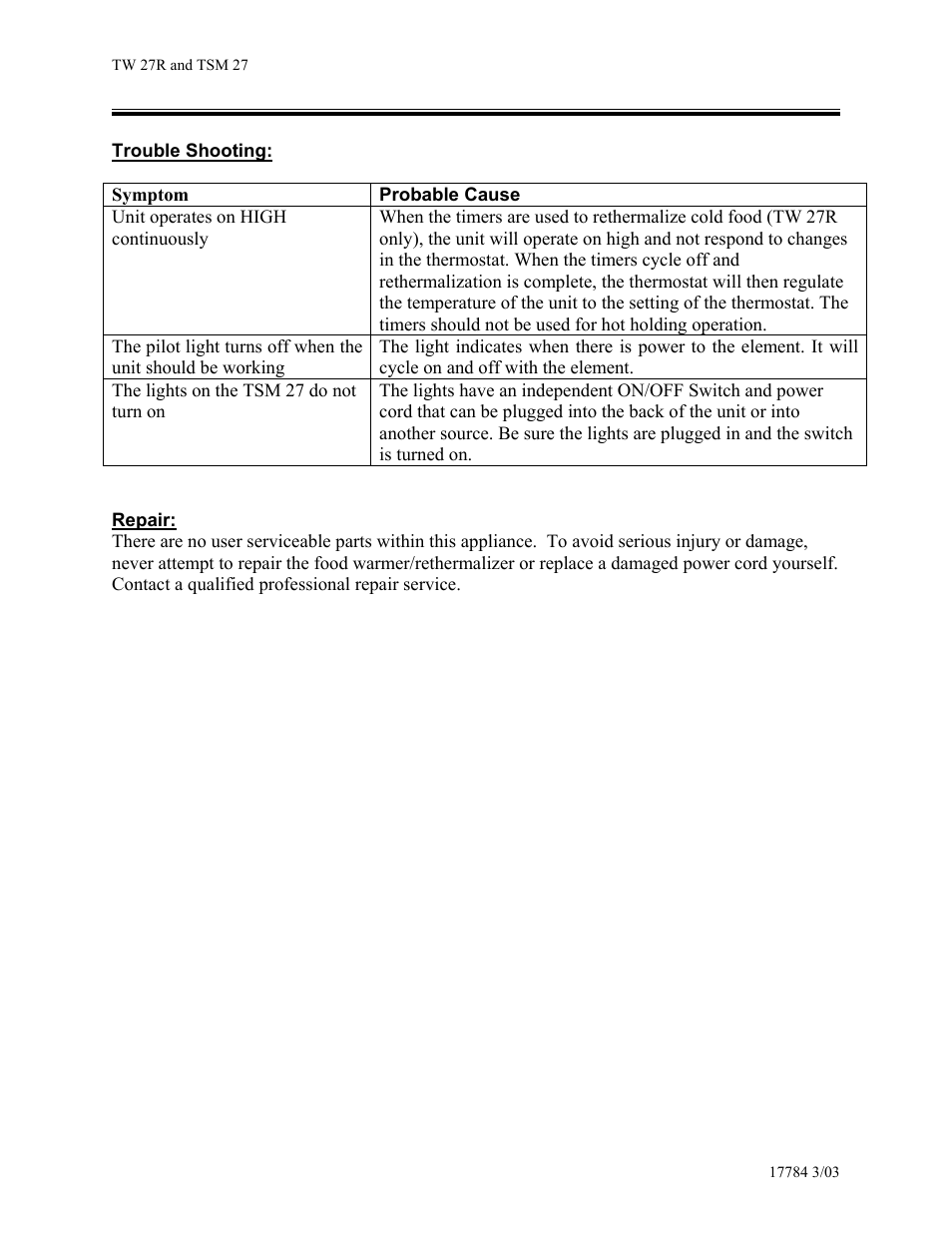 Vollrath Cayenne Model TW-27R Twin 7-Quart Rethermalizer User Manual | Page 5 / 10