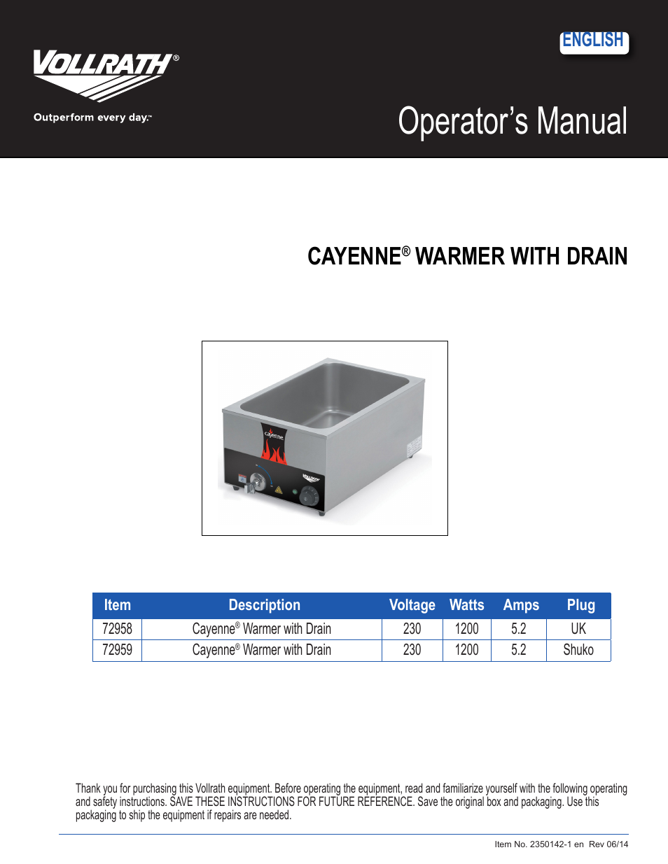 Vollrath Cayenne Warmer with Drain User Manual | 6 pages