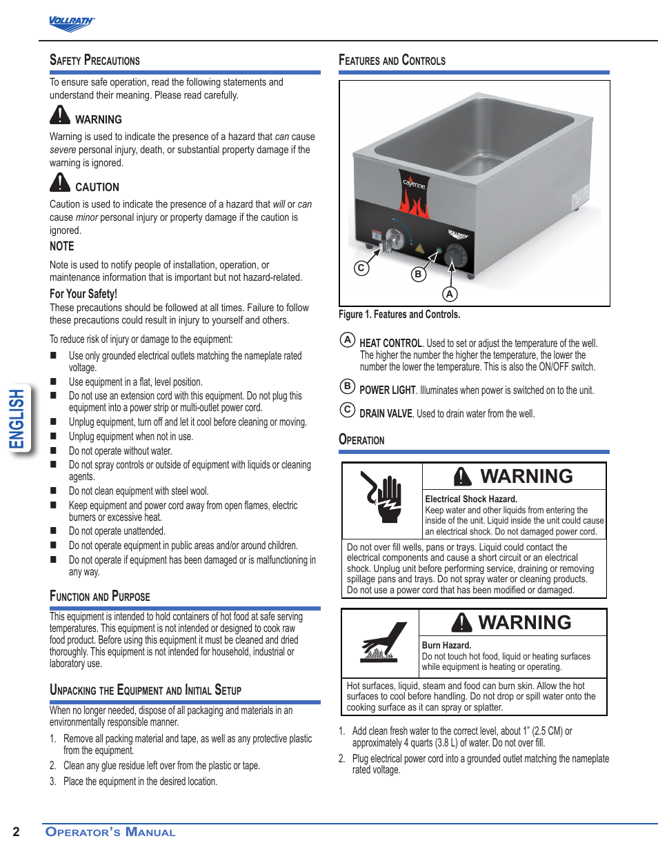 English, Warning | Vollrath Cayenne Warmer with Drain User Manual | Page 2 / 6