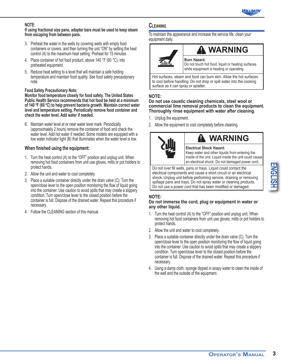 English, Warning | Vollrath Cayenne Warmer with Drain User Manual | Page 3 / 6