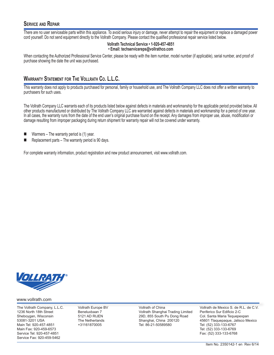 L.l.c | Vollrath Cayenne Warmer with Drain User Manual | Page 6 / 6