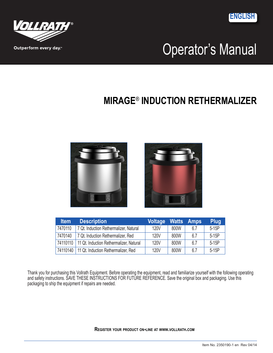 Vollrath Mirage Induction Rethermalizers 11 Qt User Manual | 6 pages