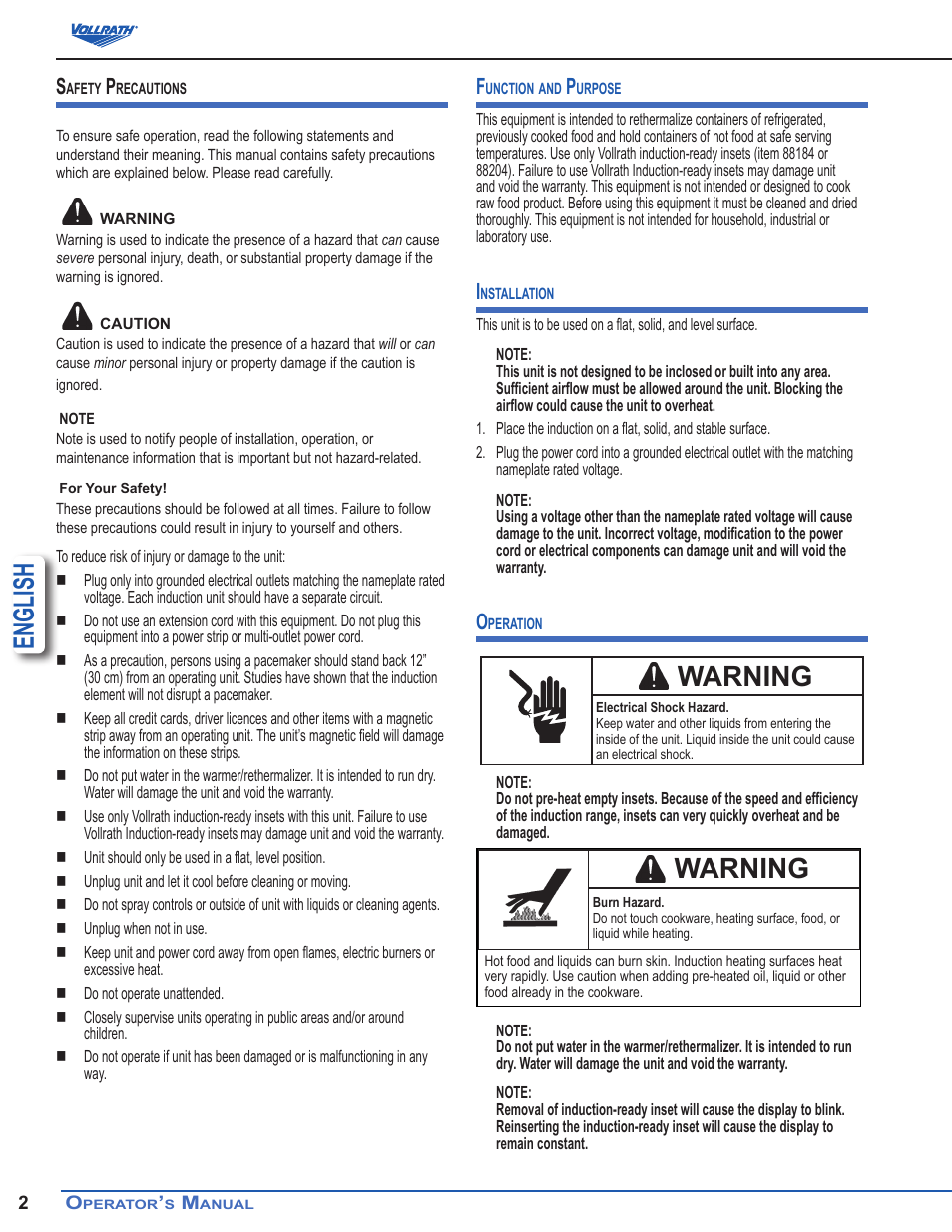 English, Warning | Vollrath Mirage Induction Rethermalizers 11 Qt User Manual | Page 2 / 6