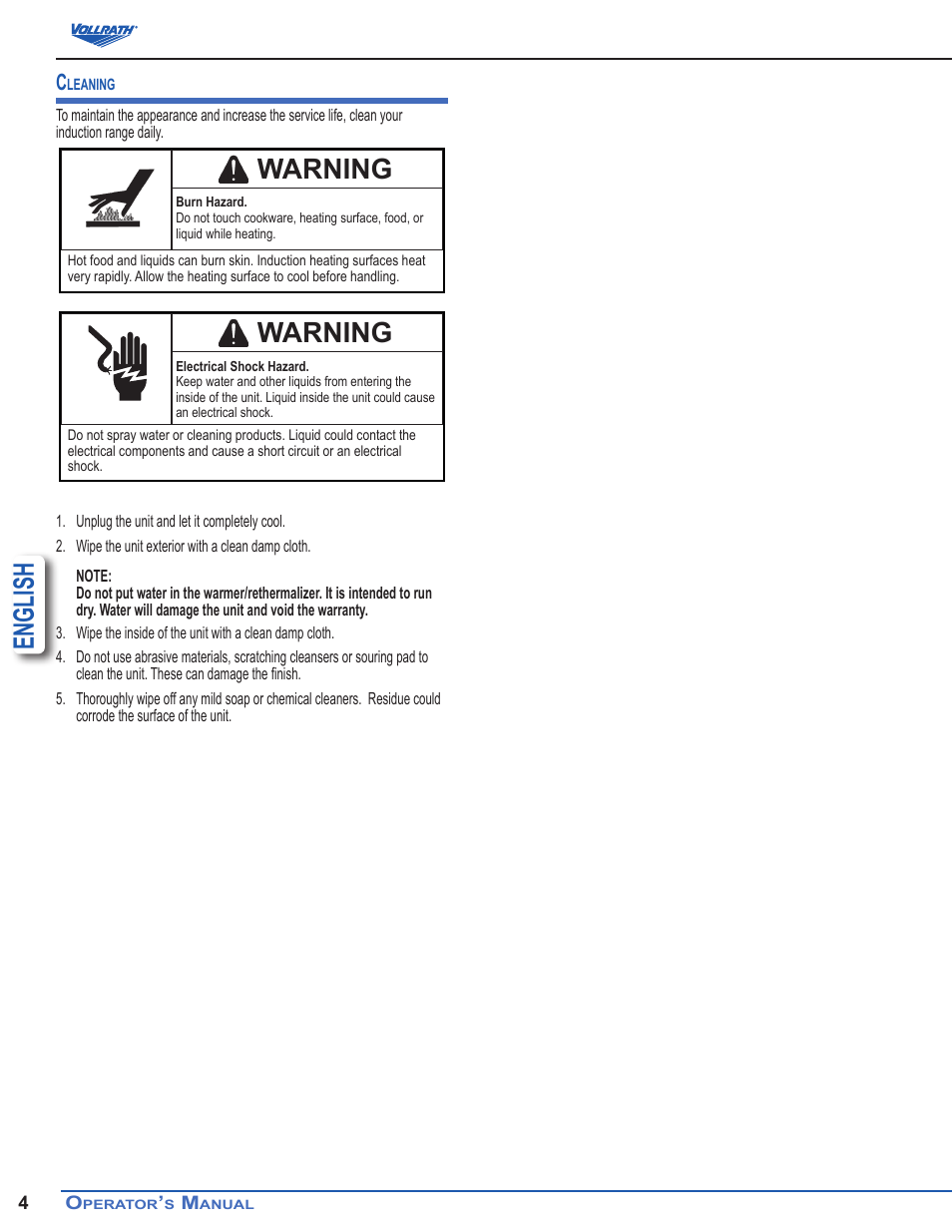 English, Warning | Vollrath Mirage Induction Rethermalizers 11 Qt User Manual | Page 4 / 6