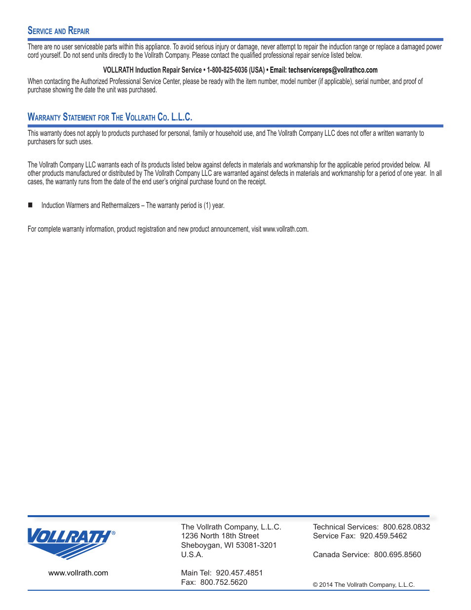 L.l.c | Vollrath Mirage Induction Rethermalizers 11 Qt User Manual | Page 6 / 6
