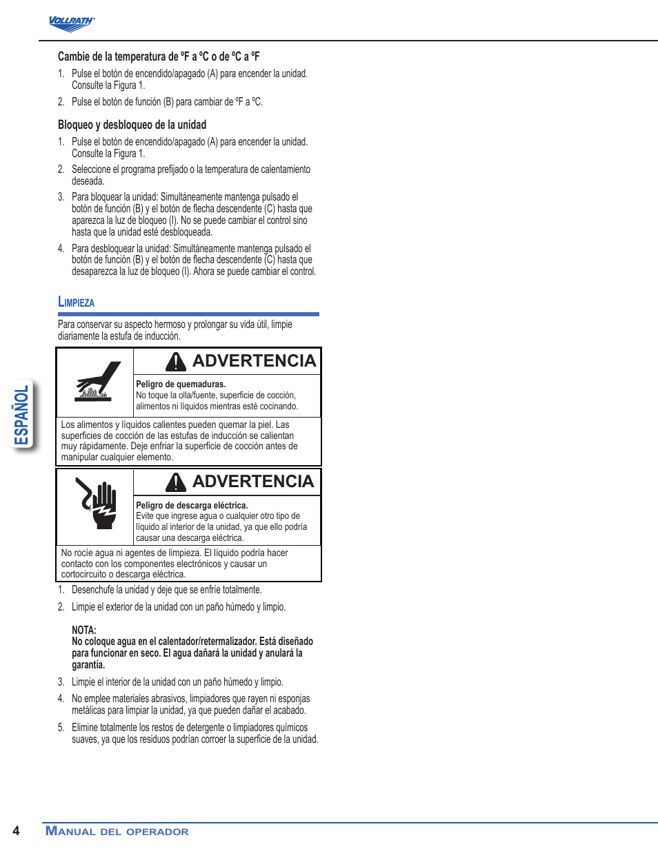 Esp añol, Advertencia | Vollrath Mirage Induction Rethermalizers 7 Qt User Manual | Page 10 / 18