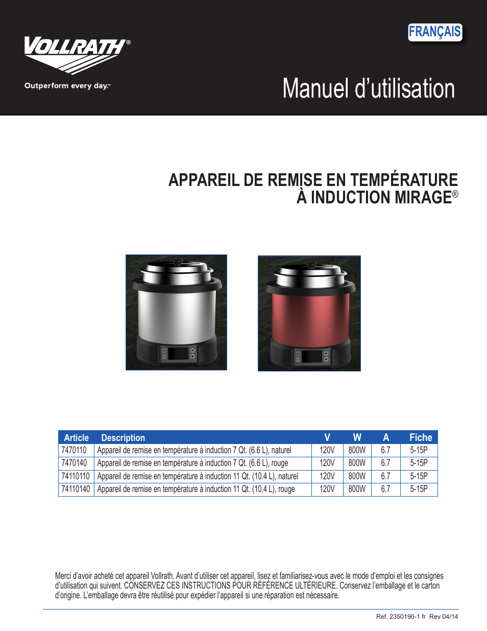 Manuel d’utilisation, Français | Vollrath Mirage Induction Rethermalizers 7 Qt User Manual | Page 13 / 18