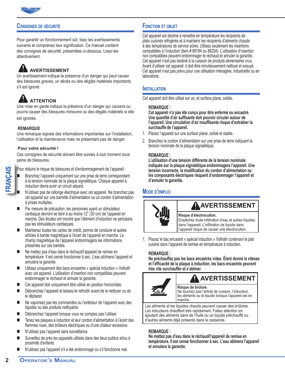 Français, Avertissement | Vollrath Mirage Induction Rethermalizers 7 Qt User Manual | Page 14 / 18