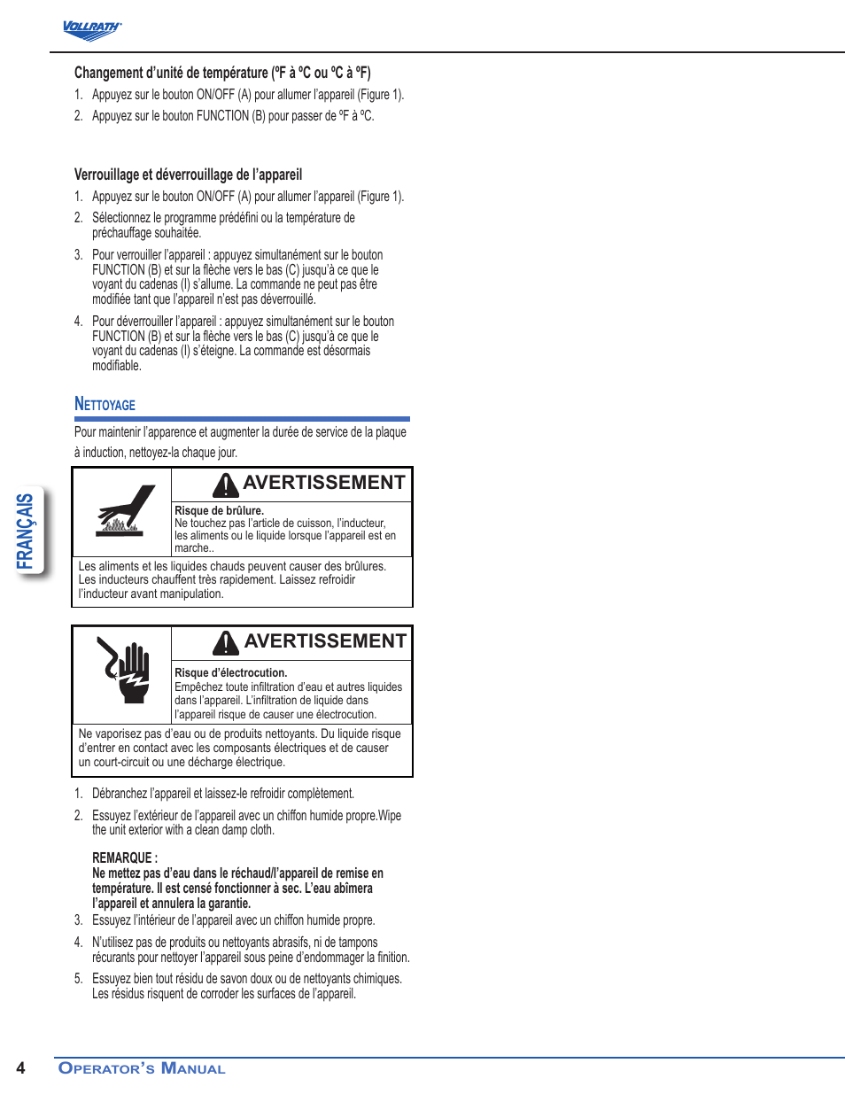 Français, Avertissement | Vollrath Mirage Induction Rethermalizers 7 Qt User Manual | Page 16 / 18