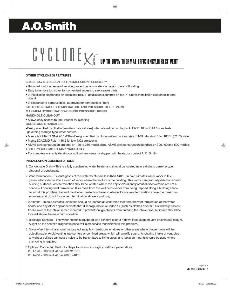 Up to 96% thermal efficiency,direct vent | A.O. Smith BTH-120 through BTH-500 User Manual | Page 2 / 4