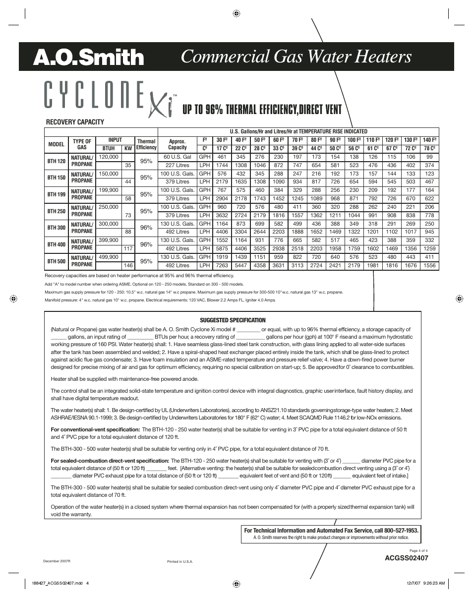 Up to 96% thermal efficiency,direct vent | A.O. Smith BTH-120 through BTH-500 User Manual | Page 4 / 4