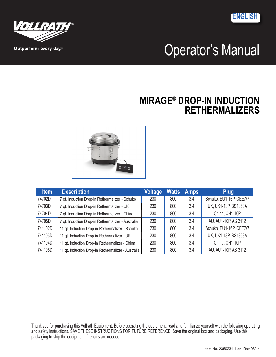 Vollrath Mirage Drop-In Induction Rethermalizer 11 Qt User Manual | 5 pages