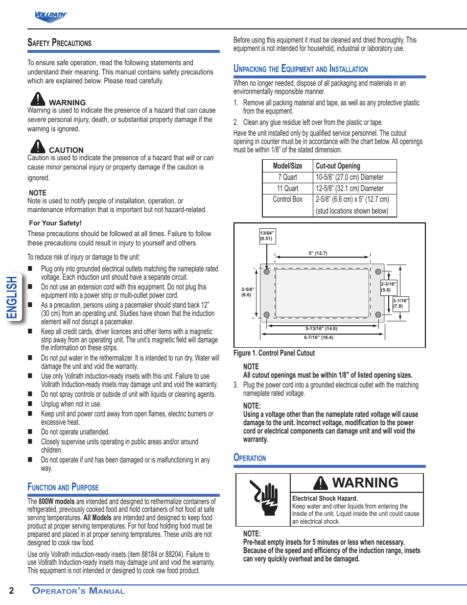 English, Warning | Vollrath Mirage Drop-In Induction Rethermalizer 11 Qt User Manual | Page 2 / 5