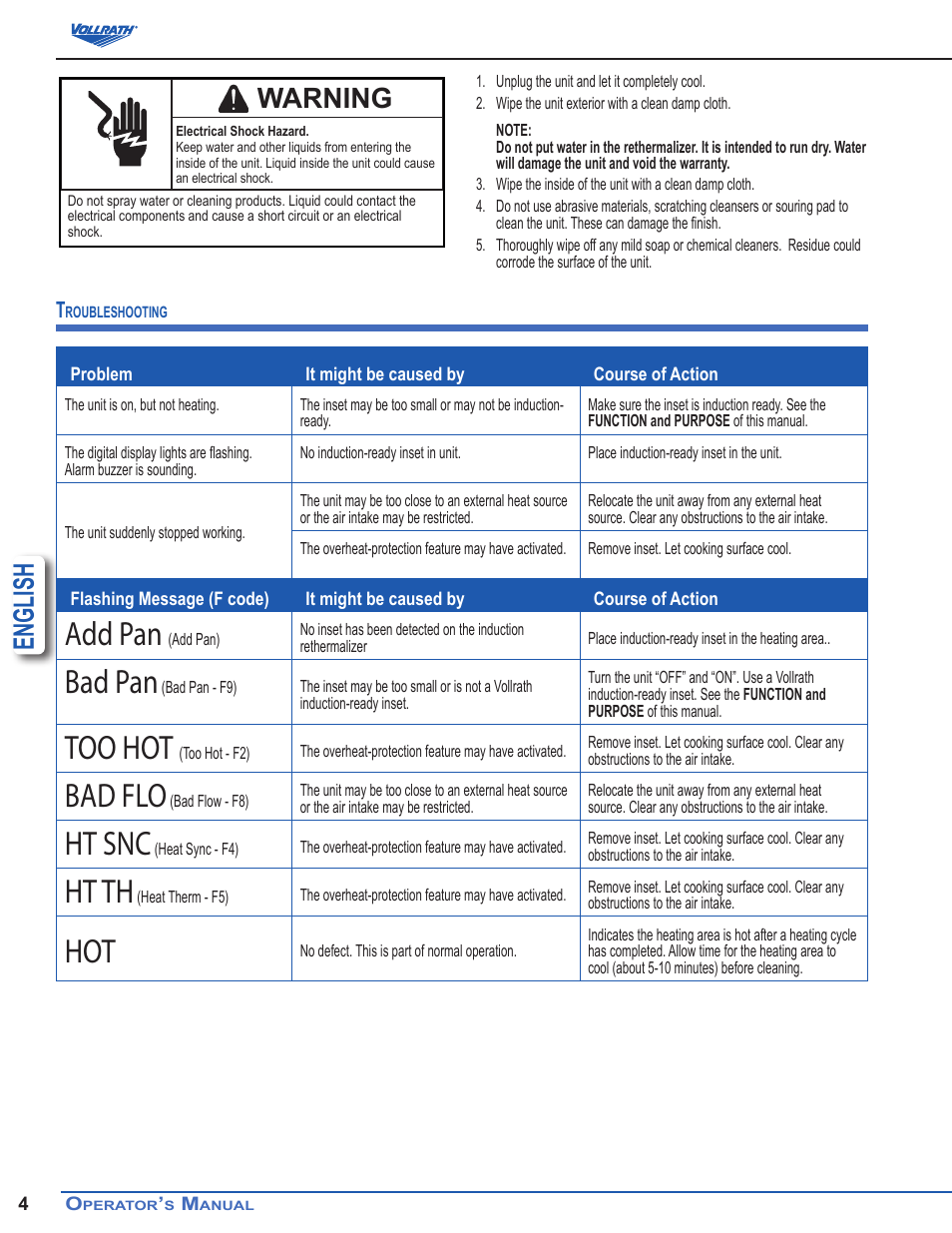Add pan, Bad pan, Too hot | Bad flo, Ht snc, Ht th, English, Warning | Vollrath Mirage Drop-In Induction Rethermalizer 11 Qt User Manual | Page 4 / 5