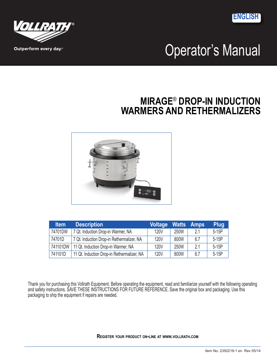 Vollrath Mirage Drop-In Induction Warmers 7 Qt User Manual | 6 pages