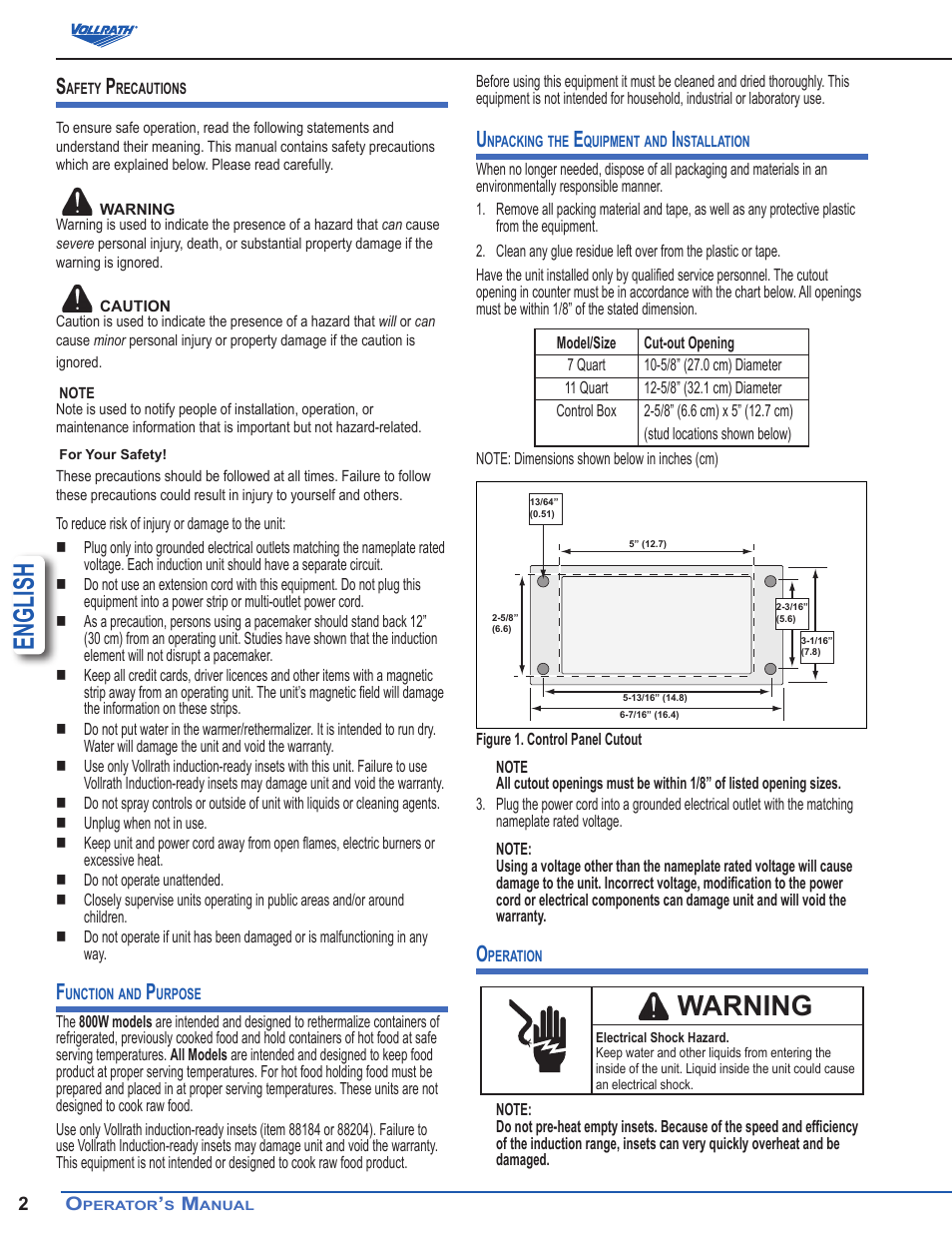 English, Warning | Vollrath Mirage Drop-In Induction Warmers 7 Qt User Manual | Page 2 / 6