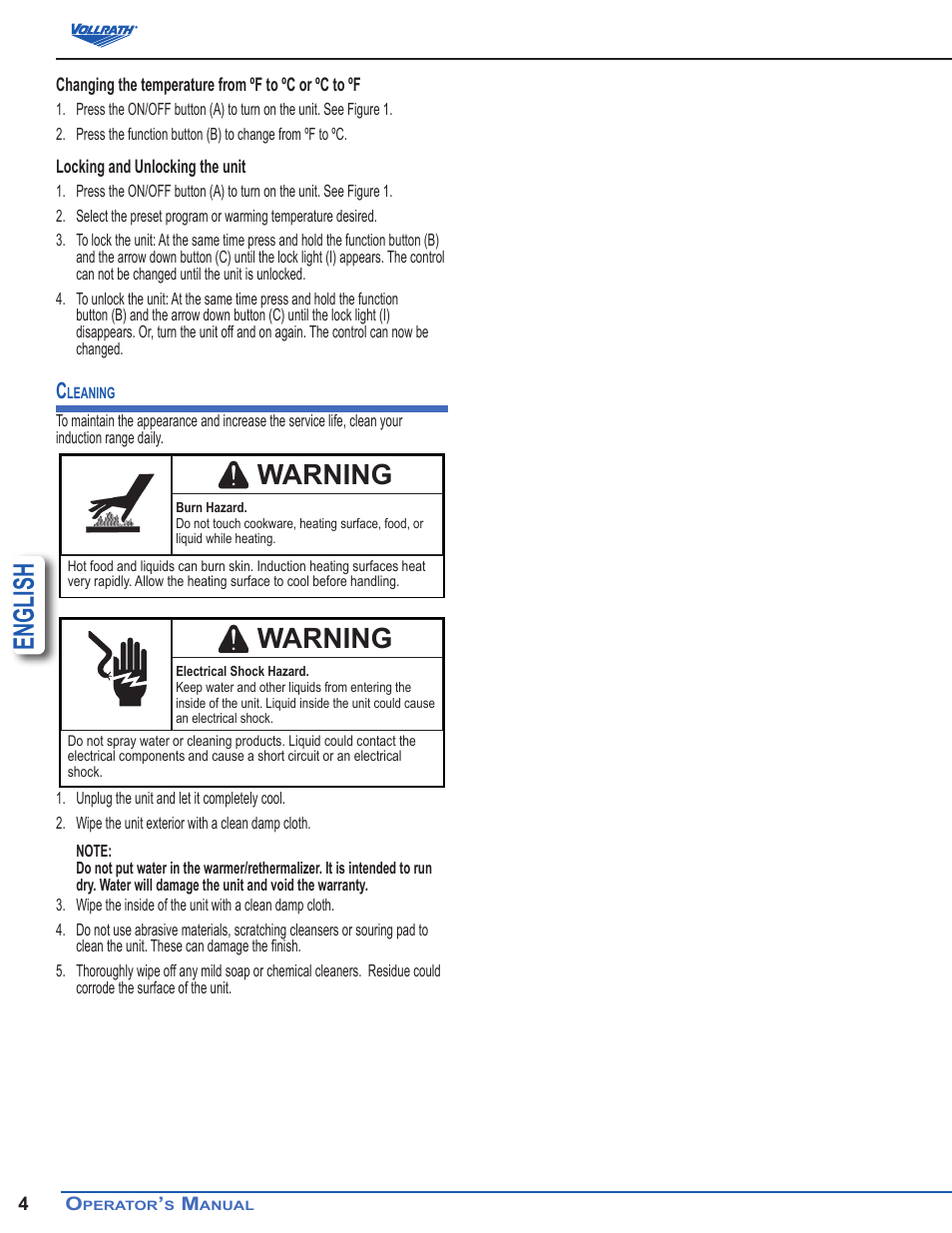 English, Warning | Vollrath Mirage Drop-In Induction Warmers 7 Qt User Manual | Page 4 / 6