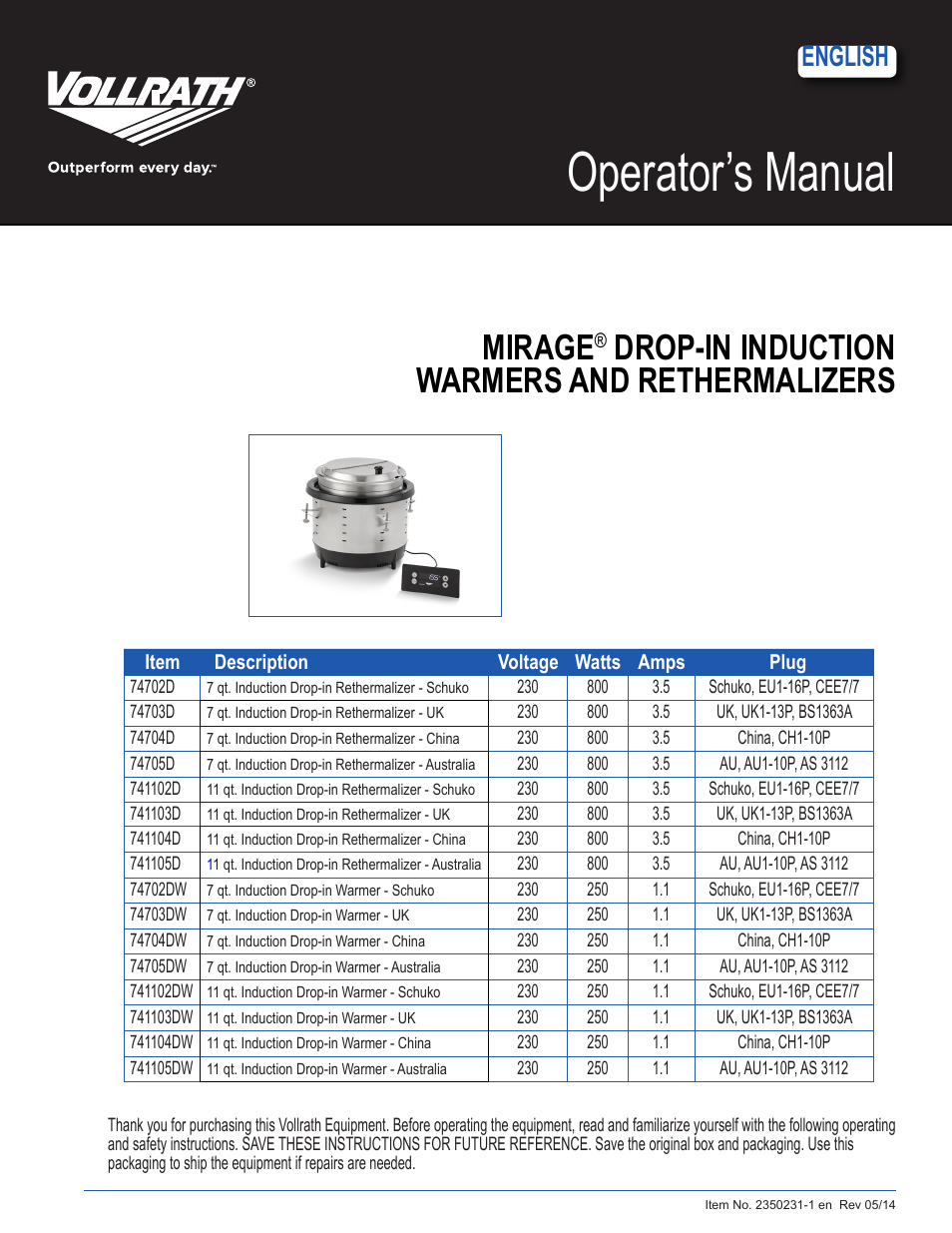 Vollrath Mirage Drop-In Induction Warmers 11 Qt User Manual | 5 pages