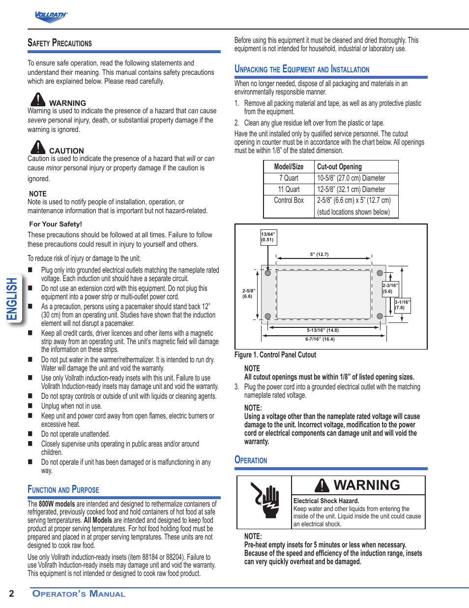 English, Warning | Vollrath Mirage Drop-In Induction Warmers 11 Qt User Manual | Page 2 / 5