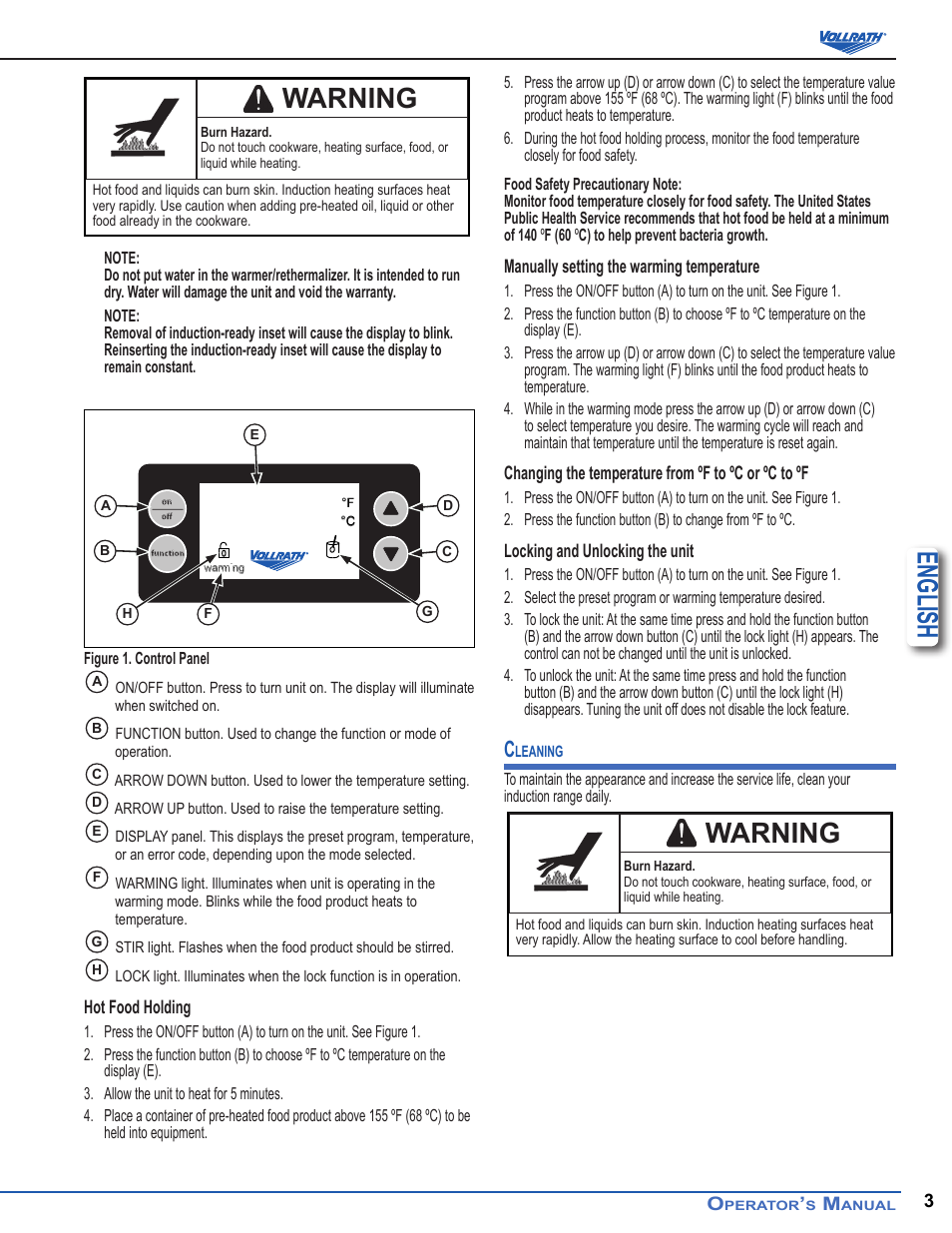 English, Warning | Vollrath Mirage Drop-In Induction Warmers 11 Qt User Manual | Page 3 / 5