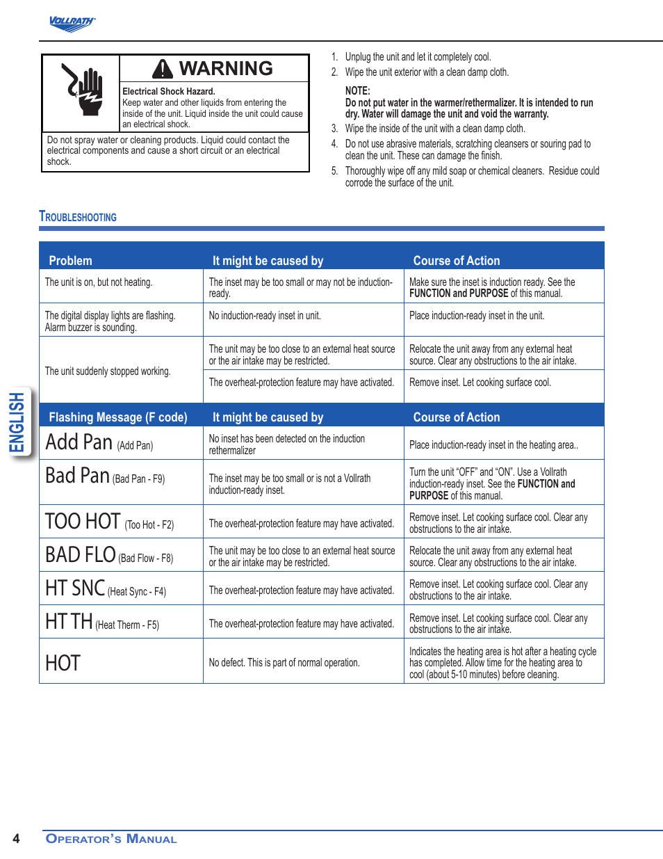 Add pan, Bad pan, Too hot | Bad flo, Ht snc, Ht th, English, Warning | Vollrath Mirage Drop-In Induction Warmers 11 Qt User Manual | Page 4 / 5