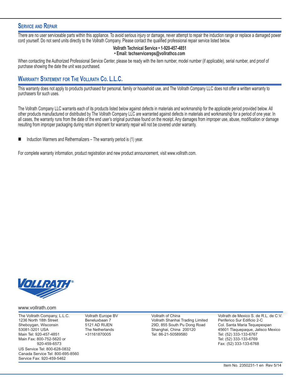 L.l.c | Vollrath Mirage Drop-In Induction Warmers 11 Qt User Manual | Page 5 / 5