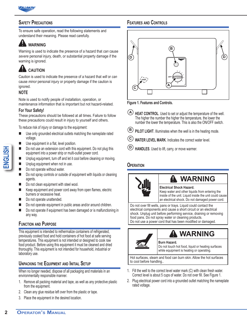 English, Warning | Vollrath Retro Stock Pot Kettle Rethermalizers 11 Qt User Manual | Page 2 / 4