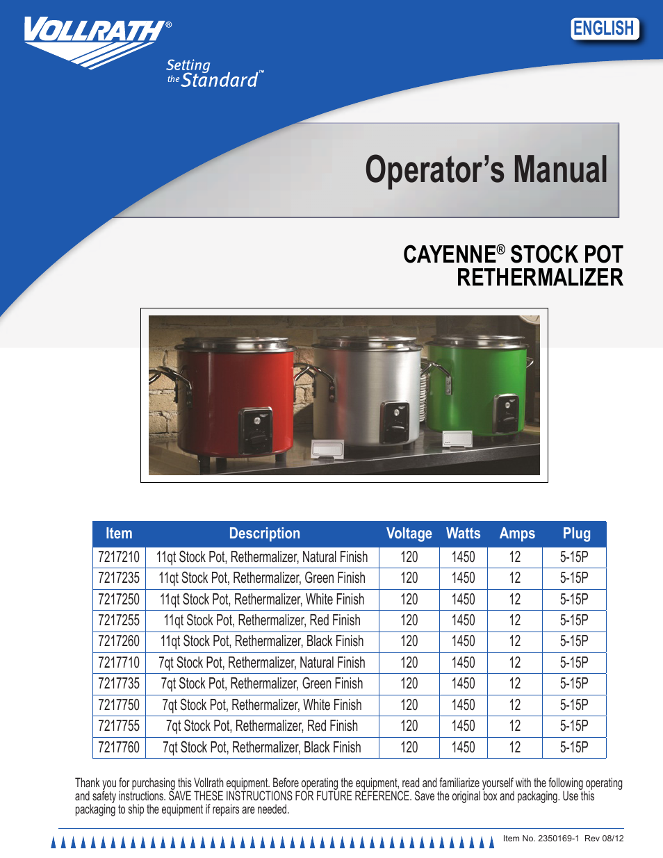 Vollrath Retro Stock Pot Kettle Rethermalizers 7 Qt User Manual | 6 pages