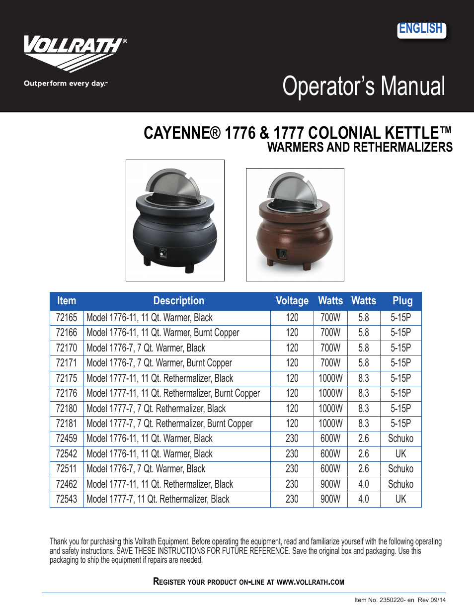 Vollrath Cayenne 1776 & 1777 Colonial Kettle User Manual | 4 pages