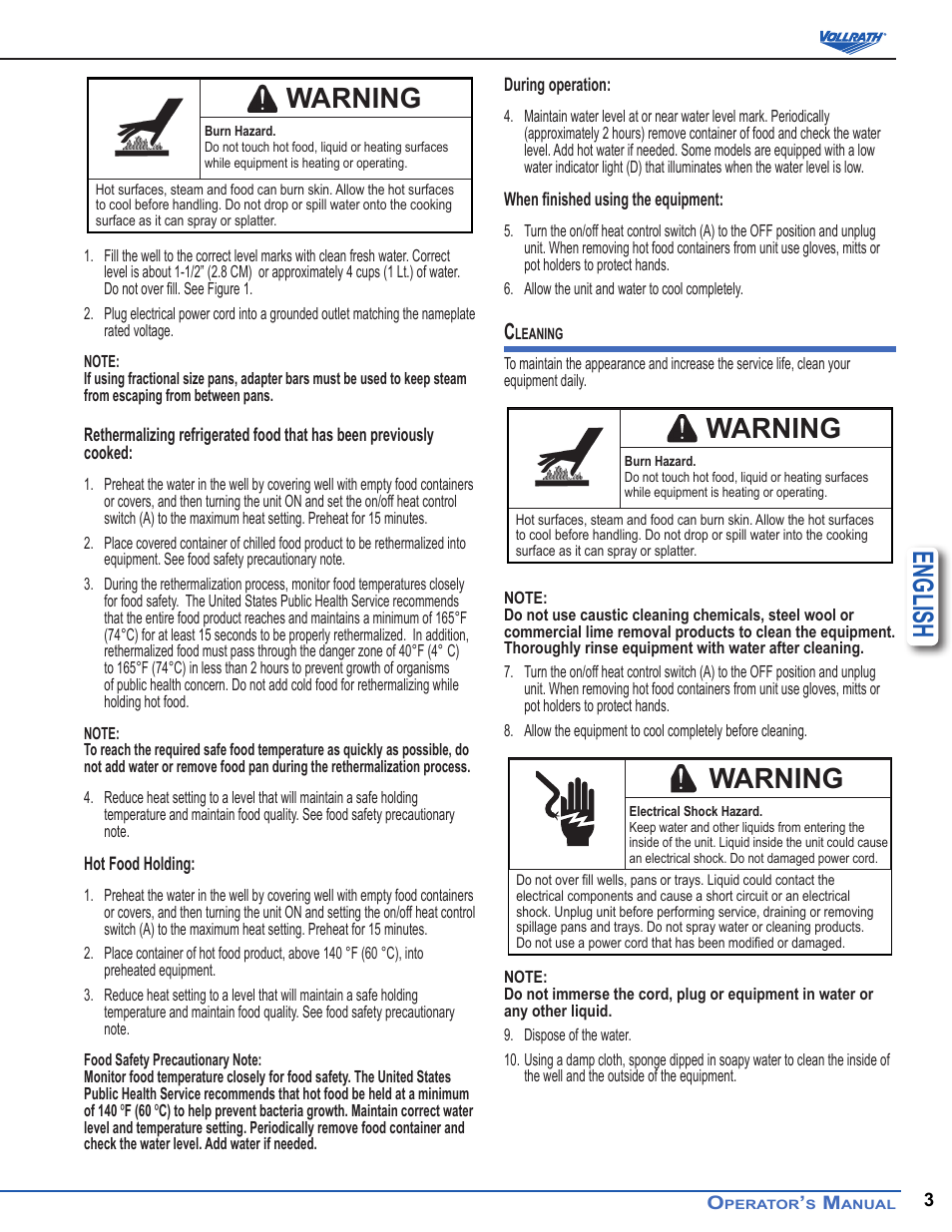 English, Warning | Vollrath Cayenne 1776 & 1777 Colonial Kettle User Manual | Page 3 / 4