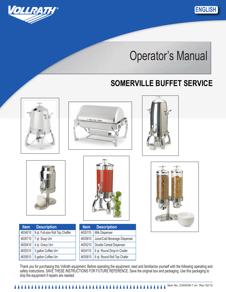 Vollrath Somerville Buffet Service User Manual | 16 pages