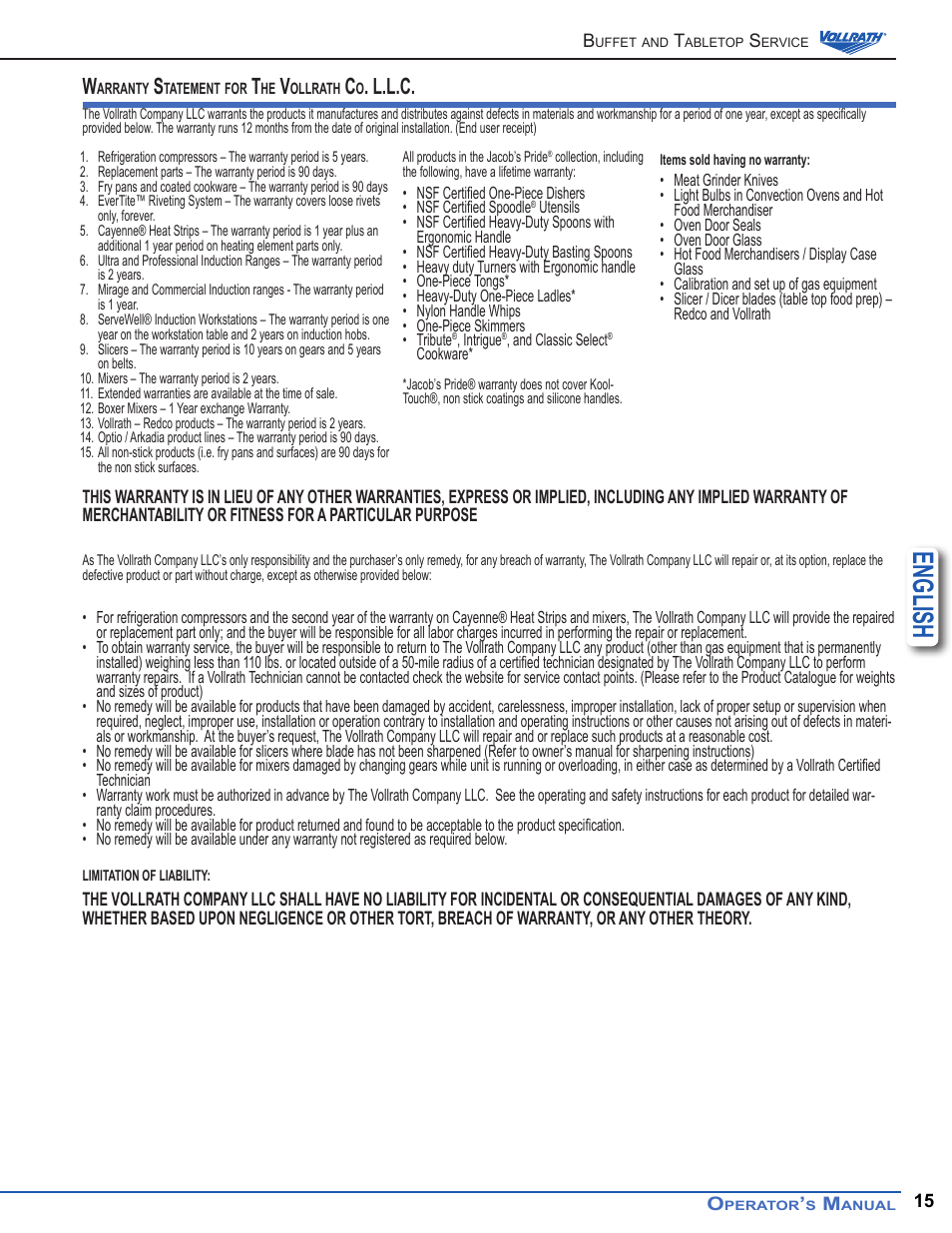 English, L.l.c | Vollrath Somerville Buffet Service User Manual | Page 15 / 16