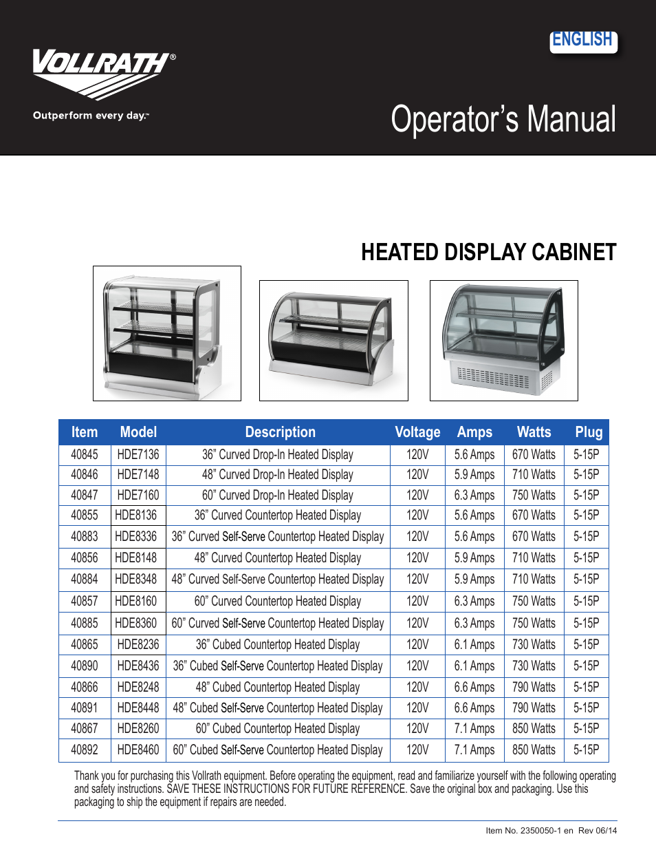 Vollrath Heated Curved Countertop Self-Serve Display Cases User Manual | 6 pages