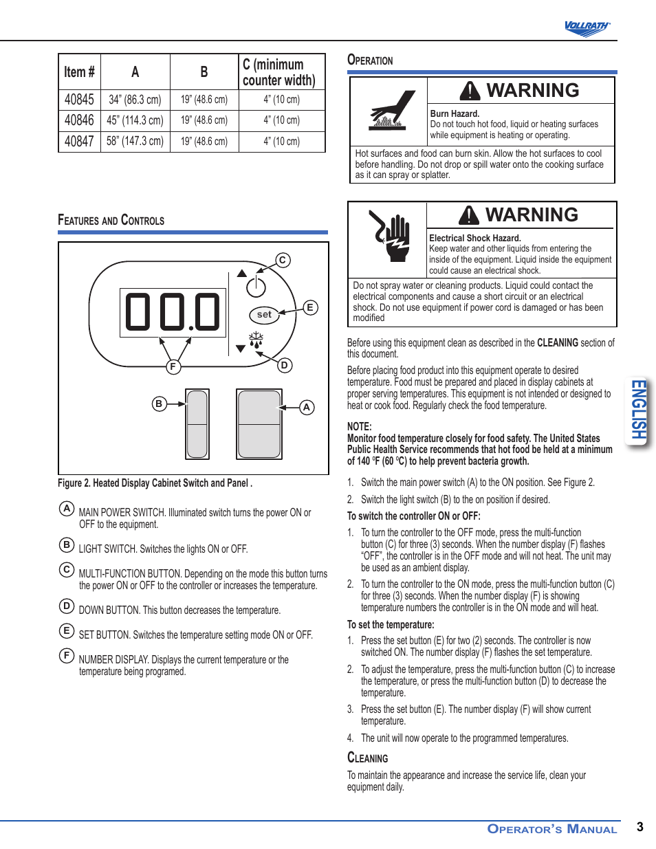English, Warning | Vollrath Heated Curved Countertop Self-Serve Display Cases User Manual | Page 3 / 6