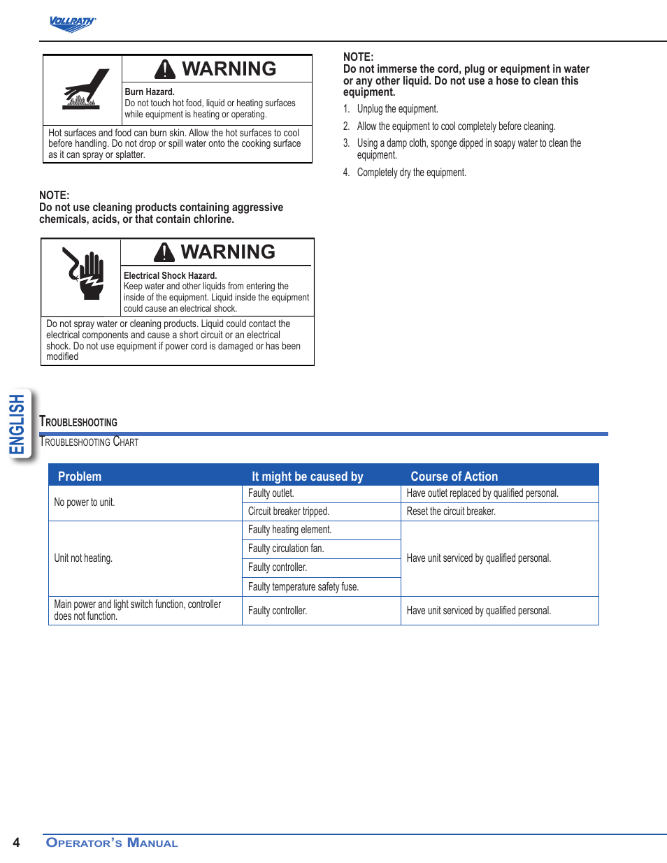 English, Warning | Vollrath Heated Curved Countertop Self-Serve Display Cases User Manual | Page 4 / 6