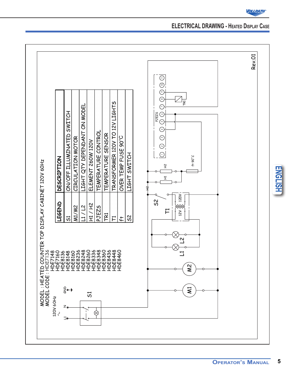 English, Electrical drawing - h | Vollrath Heated Curved Countertop Self-Serve Display Cases User Manual | Page 5 / 6