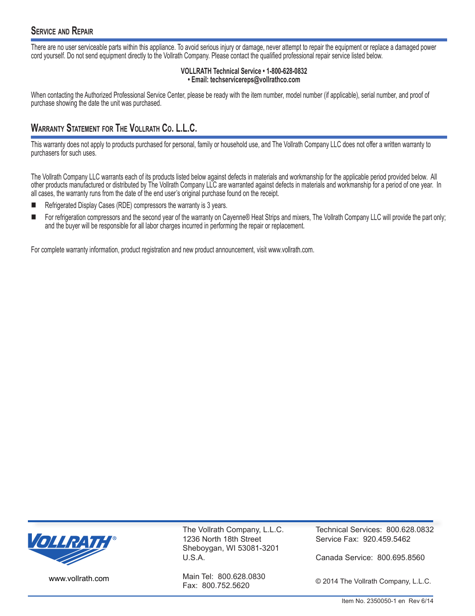 L.l.c | Vollrath Heated Curved Countertop Self-Serve Display Cases User Manual | Page 6 / 6