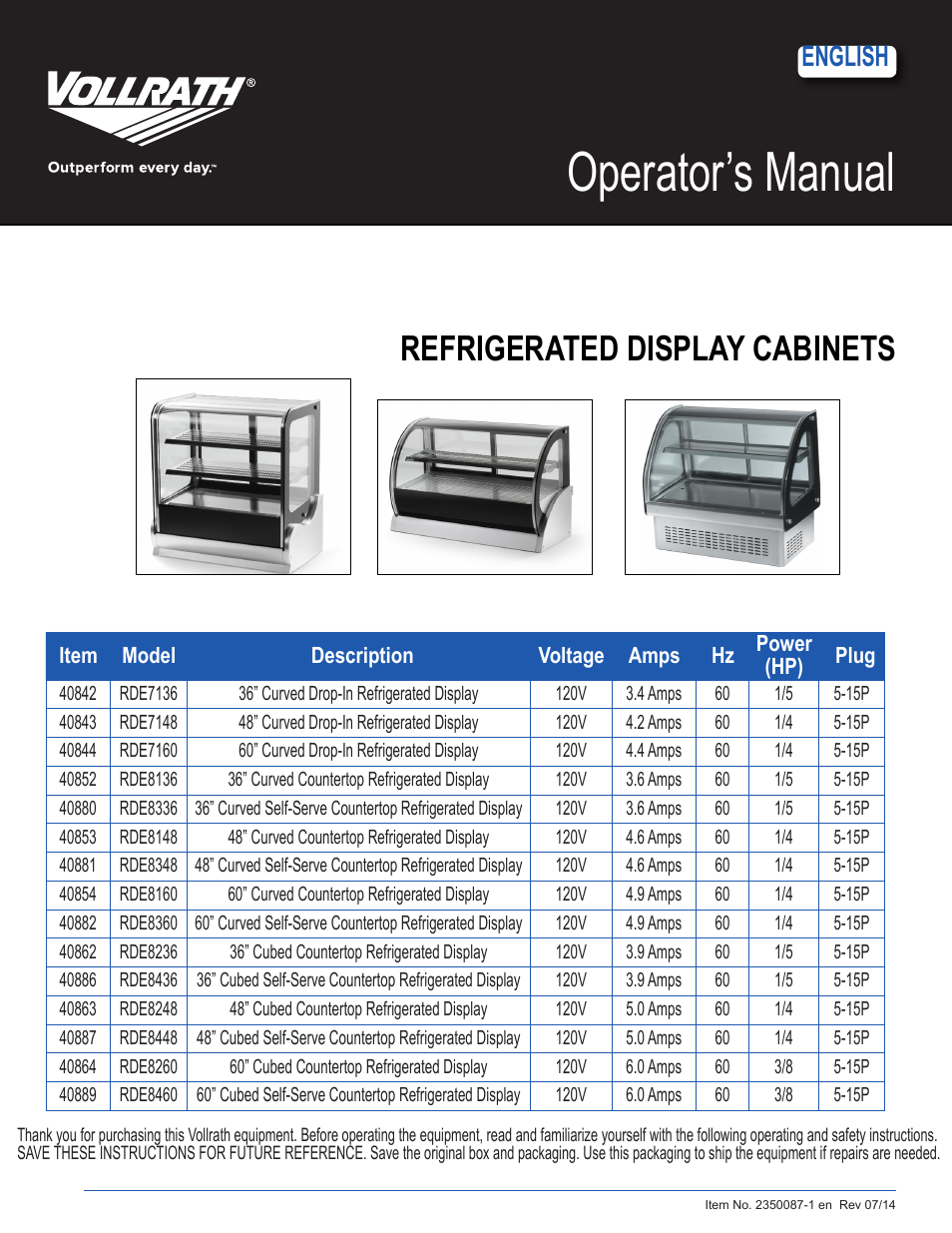 Vollrath Refrigerated Curved Drop-In Display Cases User Manual | 6 pages