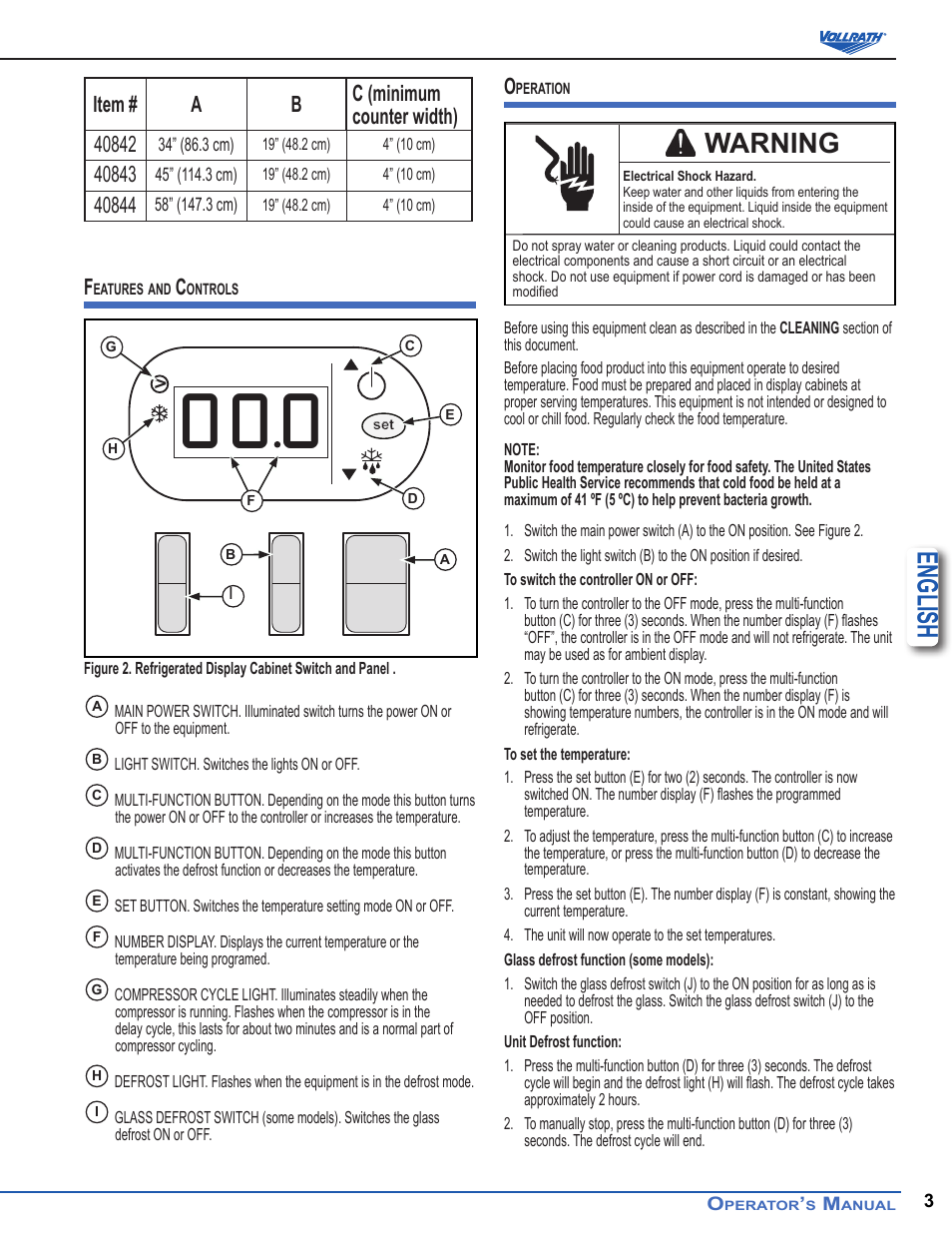 English, Warning | Vollrath Refrigerated Curved Drop-In Display Cases User Manual | Page 3 / 6