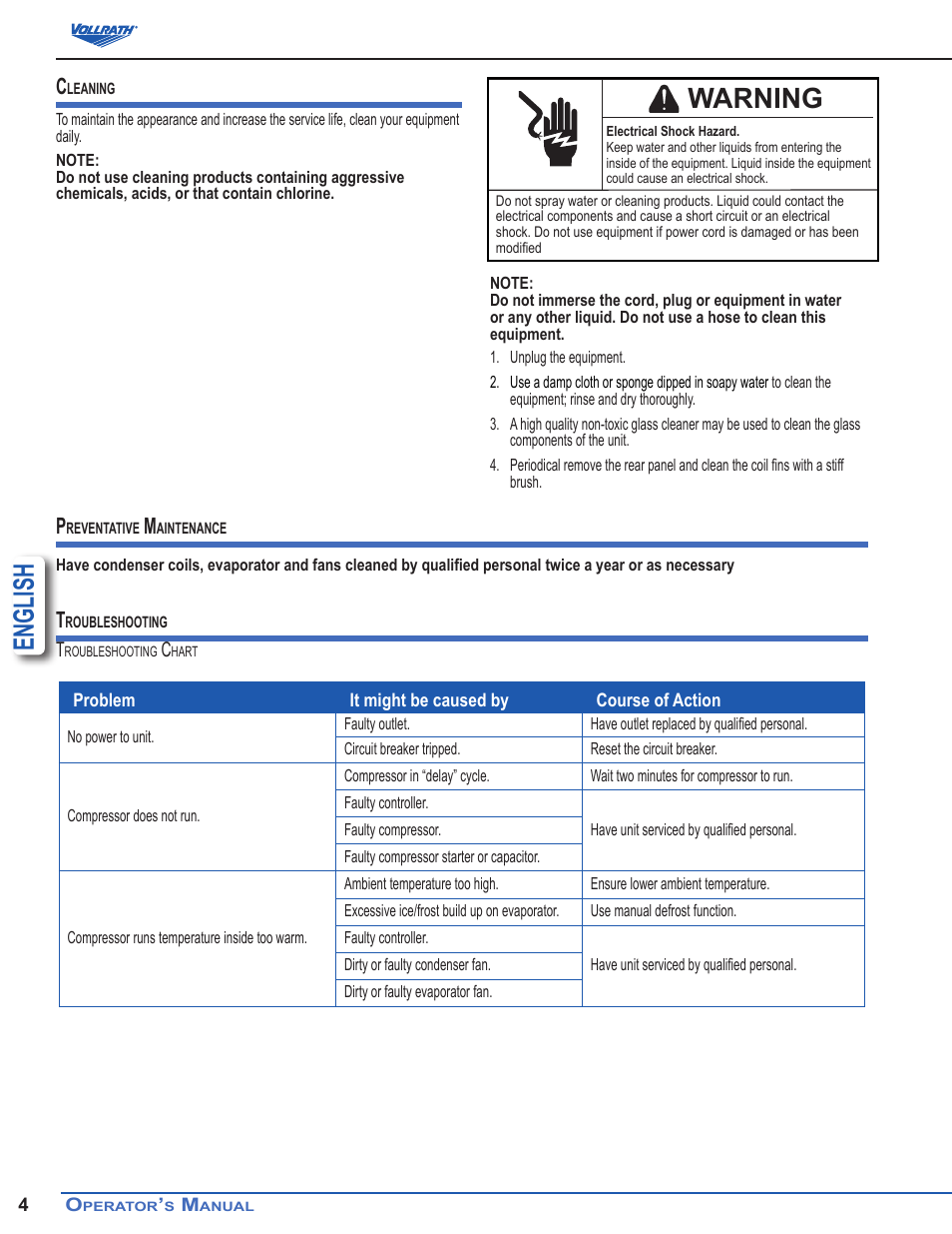 English, Warning | Vollrath Refrigerated Curved Drop-In Display Cases User Manual | Page 4 / 6