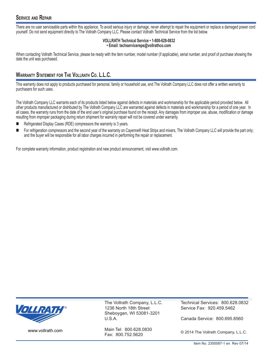 L.l.c | Vollrath Refrigerated Curved Drop-In Display Cases User Manual | Page 6 / 6