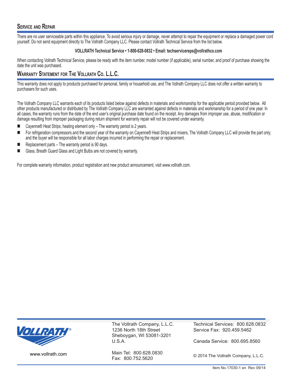 L.l.c | Vollrath Cayenne Heat Strips, Cord and Plug User Manual | Page 12 / 12