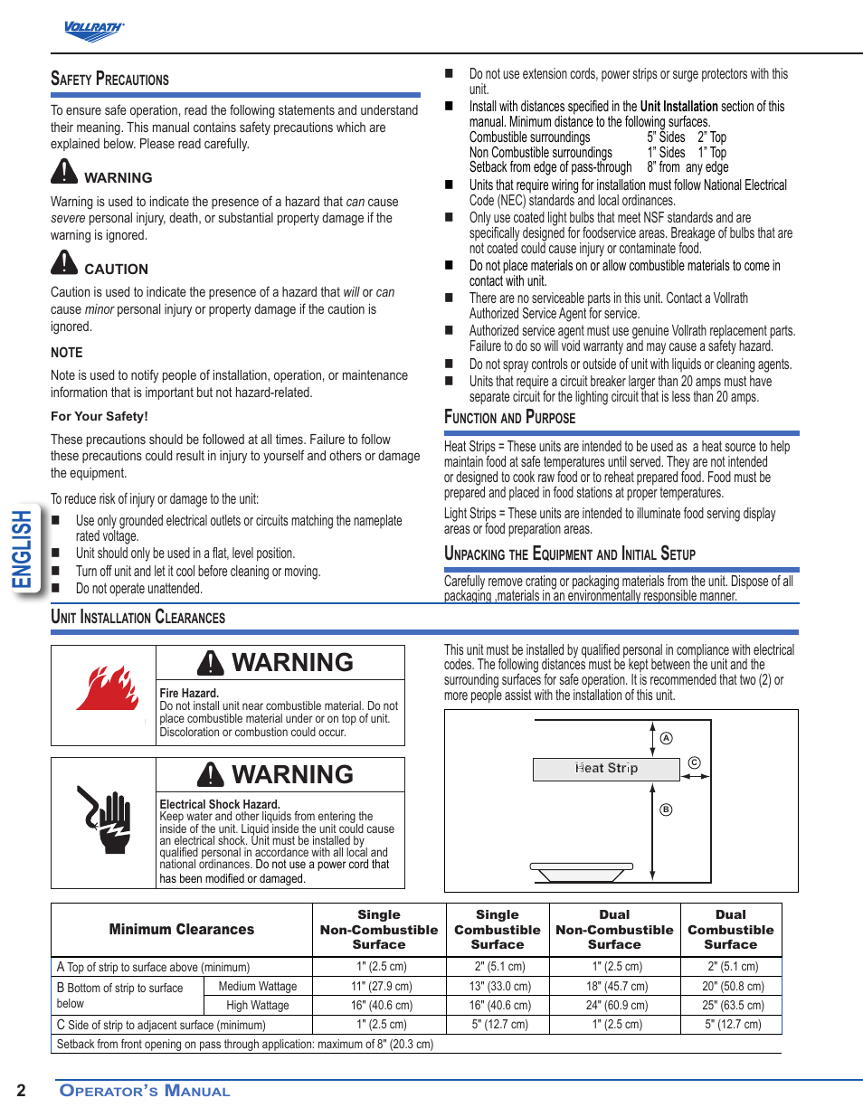 English, Warning | Vollrath Cayenne Heat Strips, Cord and Plug User Manual | Page 2 / 12