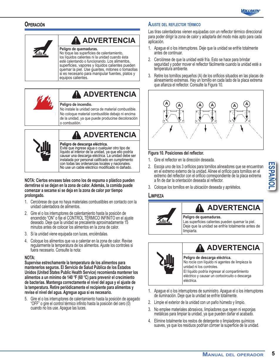 Esp añol, Advertencia | Vollrath Cayenne Heat Strips, Hard Wired User Manual | Page 17 / 36